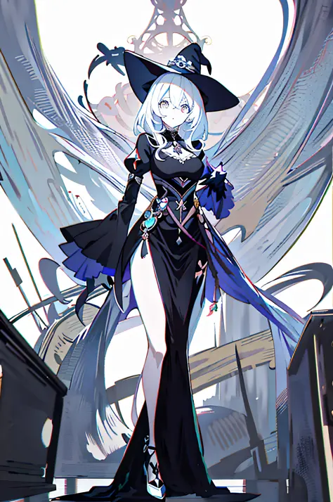Classical witch, fashionable dark witch, astral witch costume, symmetrical standing painting, black and white eyes, mysterious