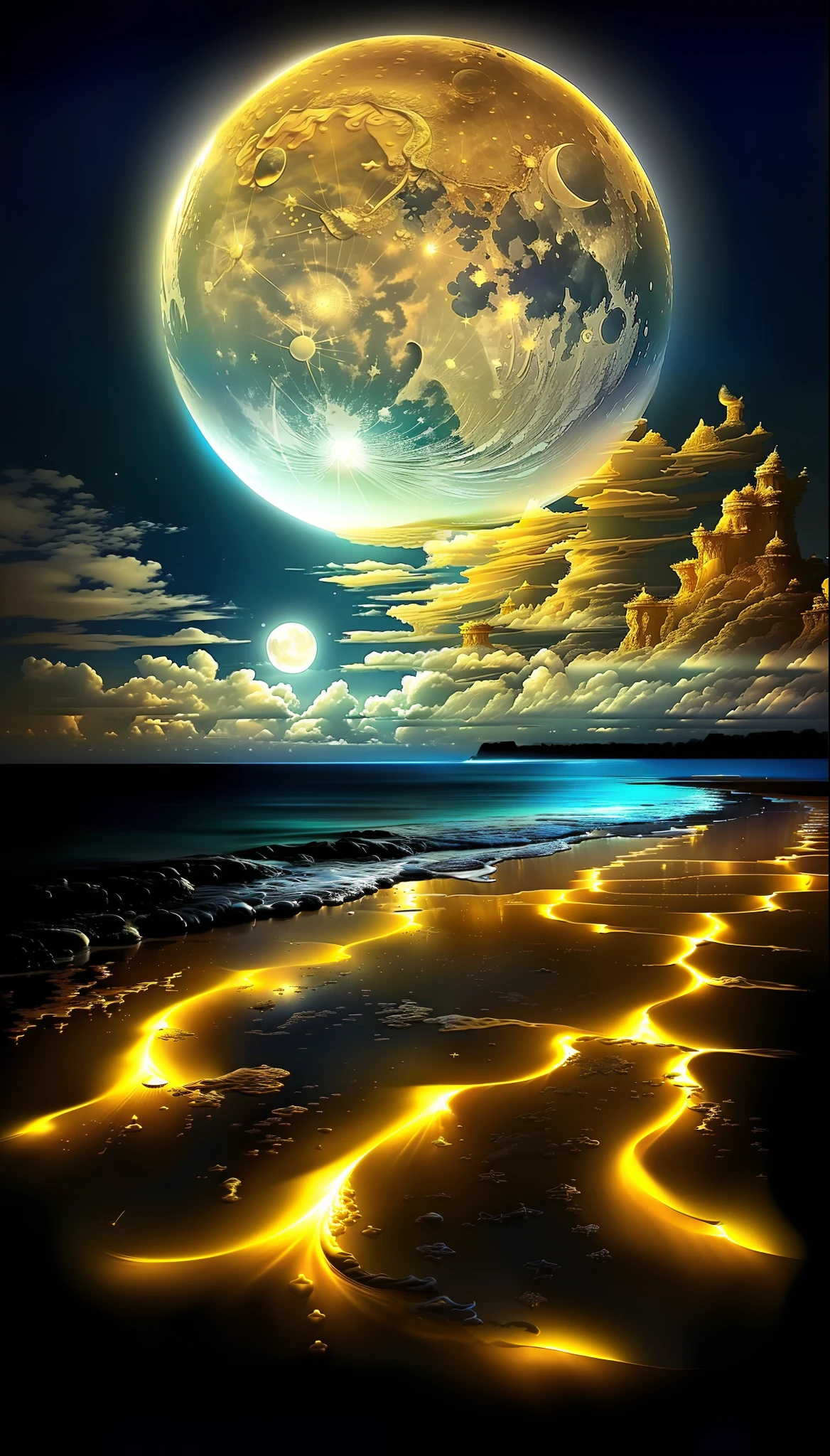 une peinture d&#39;une plage avec une pleine lune dorée et quelques nuages, Plage Magique, Paysage de lune blanche de sable, espace surréaliste, Magnifique fond, belle image déjà créée, Univers dans un grain de sable, gouttes magiques bleues de l&#39;océan, paysage de rêve détaillé, Lune brillante lumière dorée, belle rêveuse à couper le souffle, dans le plan astral ) ), superbe économiseur d&#39;écran,  bel espace, beau clair de lune