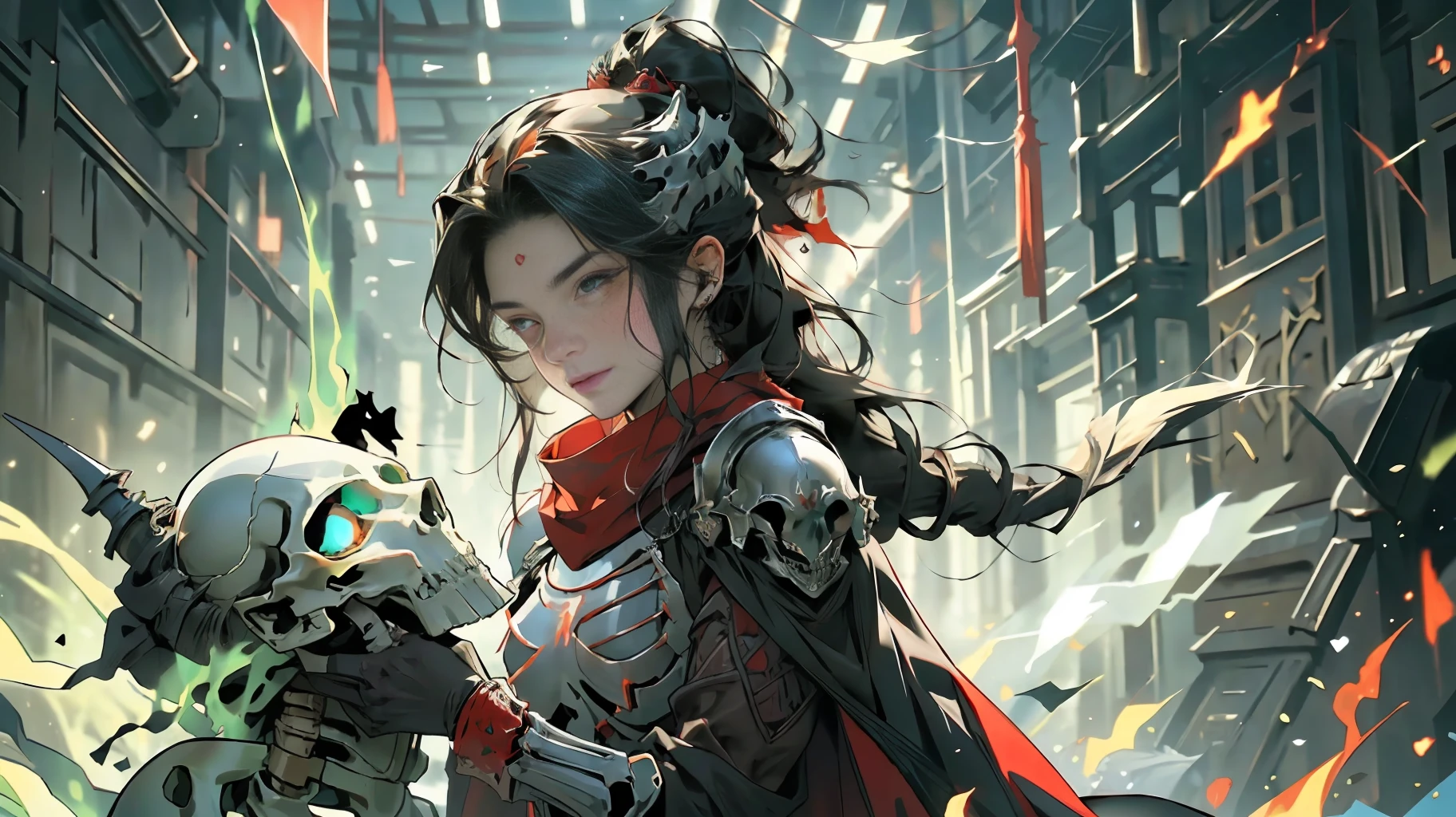 (Green + Red Flame: 1.5 + Complex Skeleton Armor: 0.8 + Armor: Wolf Skull Decoration on the Shoulder + Red Scarf Swaying in the Wind), (A Charming Girl + Delicate Facial Features + Red Glowing Eyes + Sit Down), Background Hell Scene, Both sides are full of skeleton undead soldiers, undispersed souls are flying all over the sky, 8K, high detail, face is not blurred, normal human fingers, full body, far view, face is not white ossified