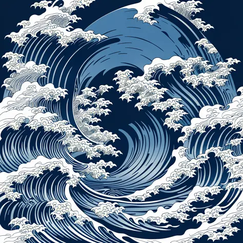 Katsushika Hokusai-style line art design, Hokusai-style dark blue rough wave pattern design. Ukiyo-e style in the highest quality, masterpiece high resolution. Artistic style, 1:1, ukiyo-e style, 3D vector art, Adobe Illustrator, 4K resolution, gorgeous ba...