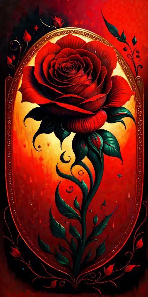 a painting of a red rose on a black background, amazing fantasy art, rich deep colours masterpiece, awe sublime, gold noble, kisses are wordless spells, dorne, wow it is beautiful, 3d intricate shapes, author unknown, by Penny Patricia Poppycock, very beau...