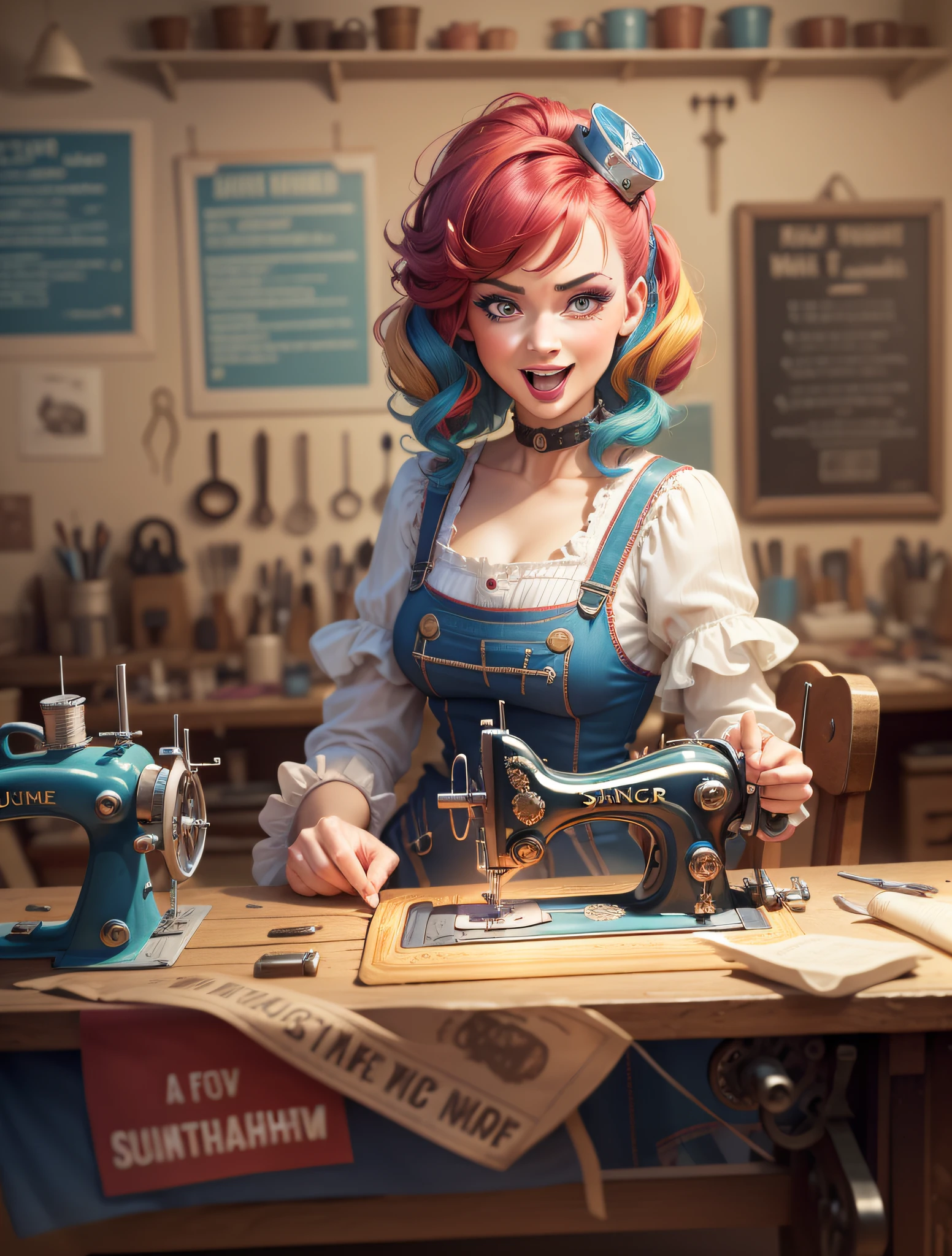 a hilarious caricature of a fashionable seamstress with (( a singer sewing machine )), comic exaggeration, vivid and vibrant cartoon style, bright and vibrant colors, humorous facial expressions, exaggerated fashion accessories, whimsical background planes, exaggerated proportions, composition provoking laughter, multicolored hair, multicolored eyes, multicolored eyes, open mouth, makeup, cinematic lighting, Pixar, cinematic lighting, first-person view,  great detail sign in the background with the inscription (Laura's workshop)