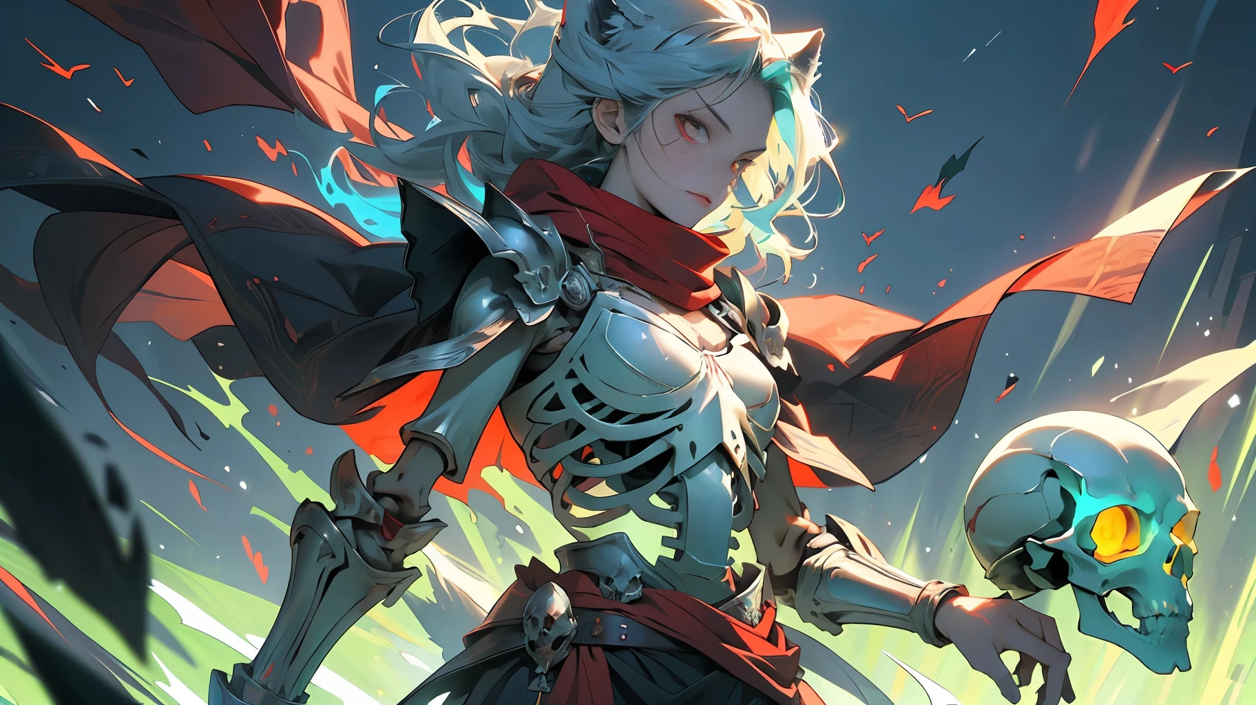 (Green + Red Flame: 1.5 + Complex Skeleton Armor + Wolf Skull Decoration on the Shoulder of the Armor + Red Scarf Swaying in the Wind), (A Charming Girl + Delicate Facial Features + Red Glowing Eyes), Hell Scene in the background, Skeleton Undead Soldiers on both sides, undispersed souls flying all over the sky, 8K, high detail, face is not blurred, normal human fingers, full body, vista, face is not white and ossified