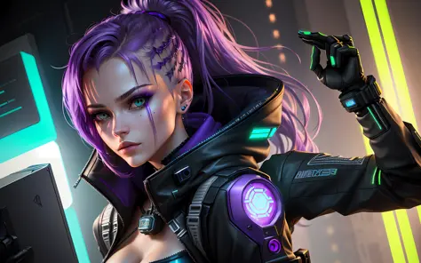 Alisa Freindlich, Alisa Shor, Alisa Kuzmina, Alisa Selezneva, an exotically beautiful woman dressed in futuristic clothes with a ponytail of purple hair pays with digital rubles for a purchase, a perfect detailed face, detailed symmetrical green eyes with ...