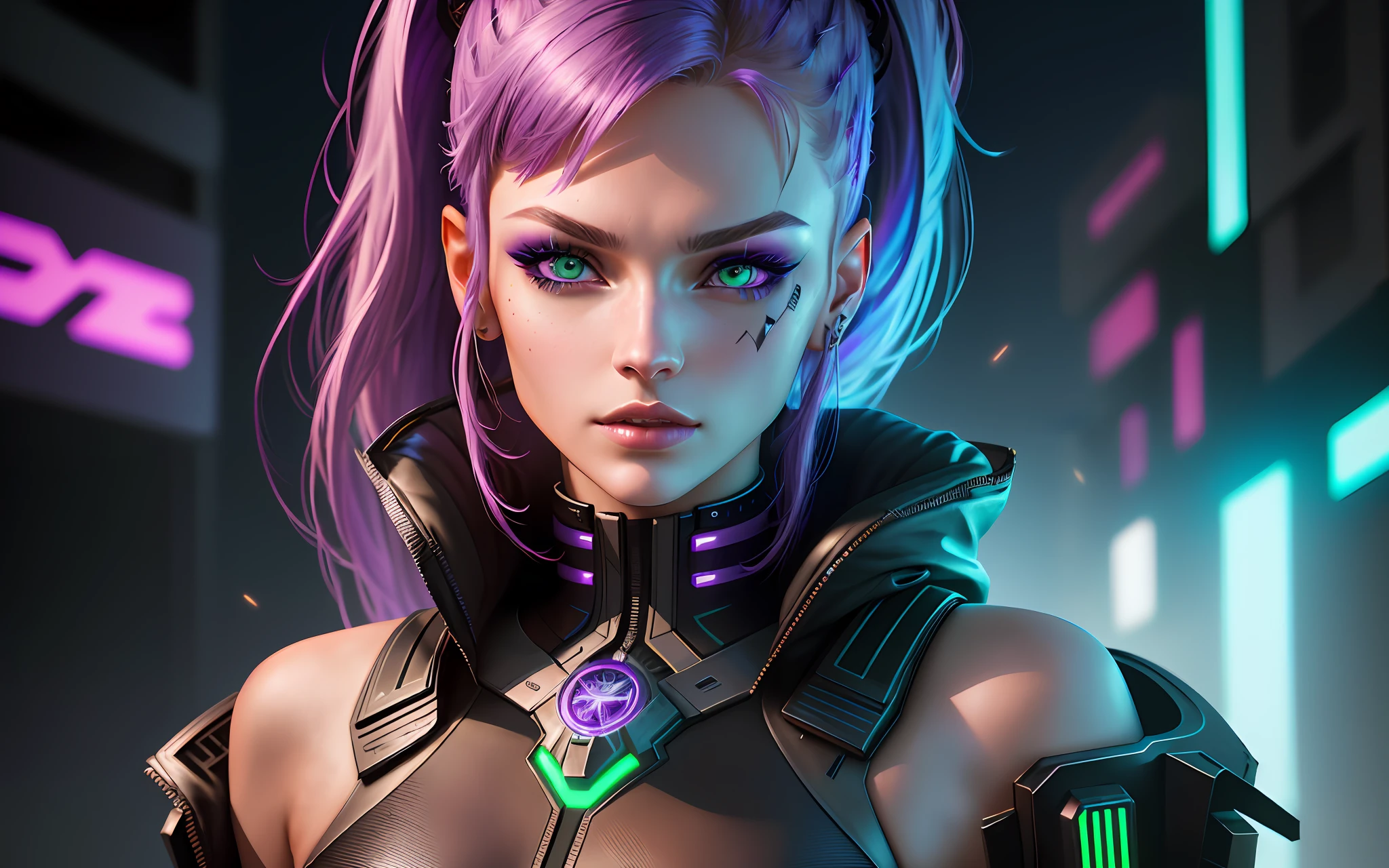 A woman with purple hair and a futuristic outfit - SeaArt AI