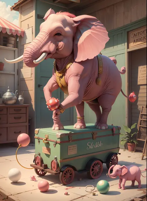 Illustration of a pink elephant in a vintage-style circus juggling a white and red ball in the trunk --auto --s2