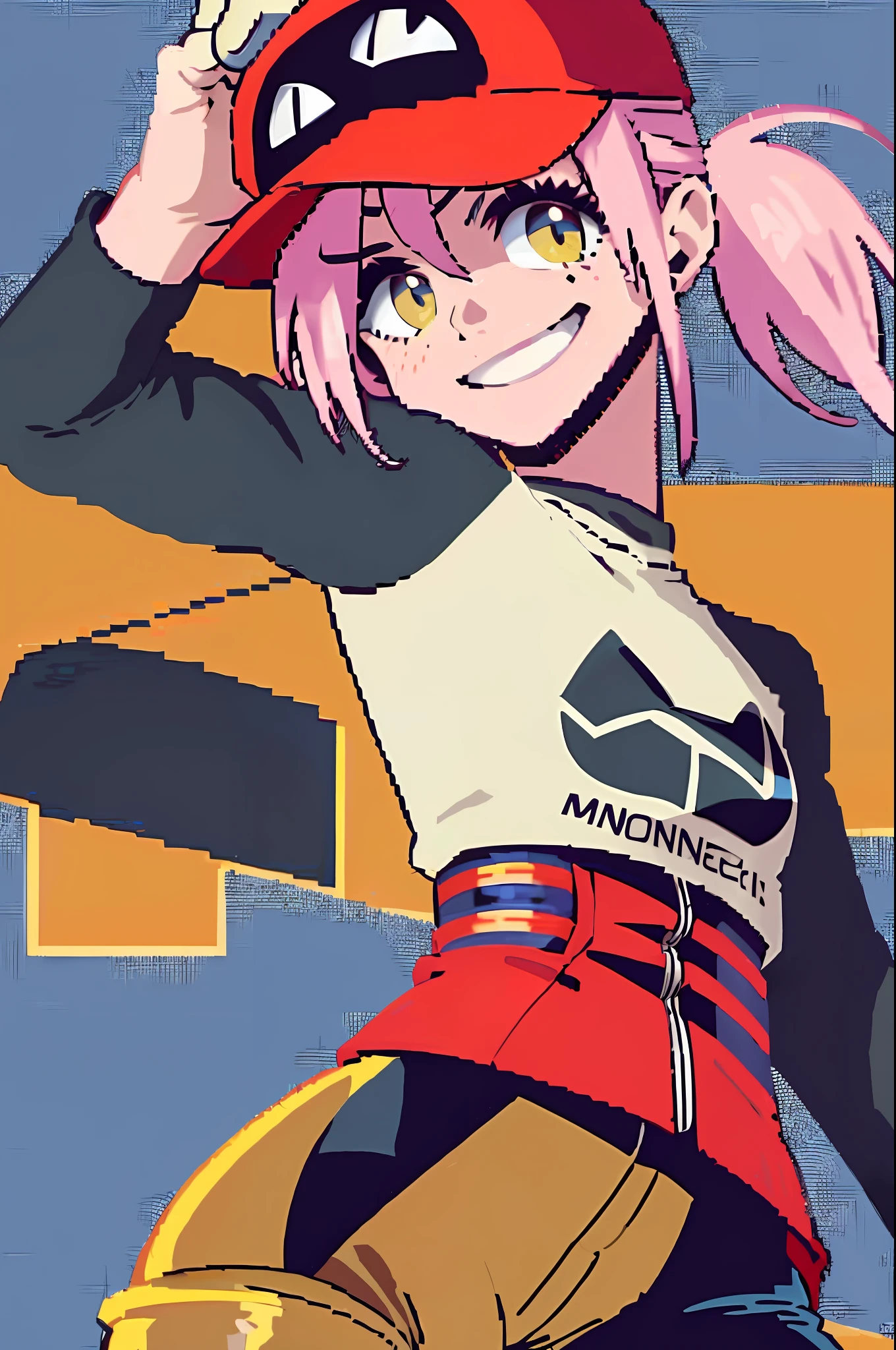 (Meisterwerk, beste Qualität: 1.2), Haruko, FLCL, 1 Mädchen, Allein, lächeln, Baseball-Outfit, pinkes Haar, Pferdeschwanz, gelbe Augen, (schwarzes Katzenhemd, Schwarzer Katzenhut, schwarze lange Ärmel, weiße Shorts: 1.1), pixel, pixel art, Einfacher Hintergrund