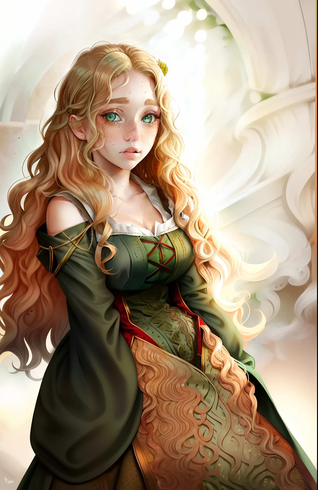 ((женщина)), ((волнистые светлые волосы)), ((средневековое платье)), (((зеленые глаза)), ((веснушки на лице))