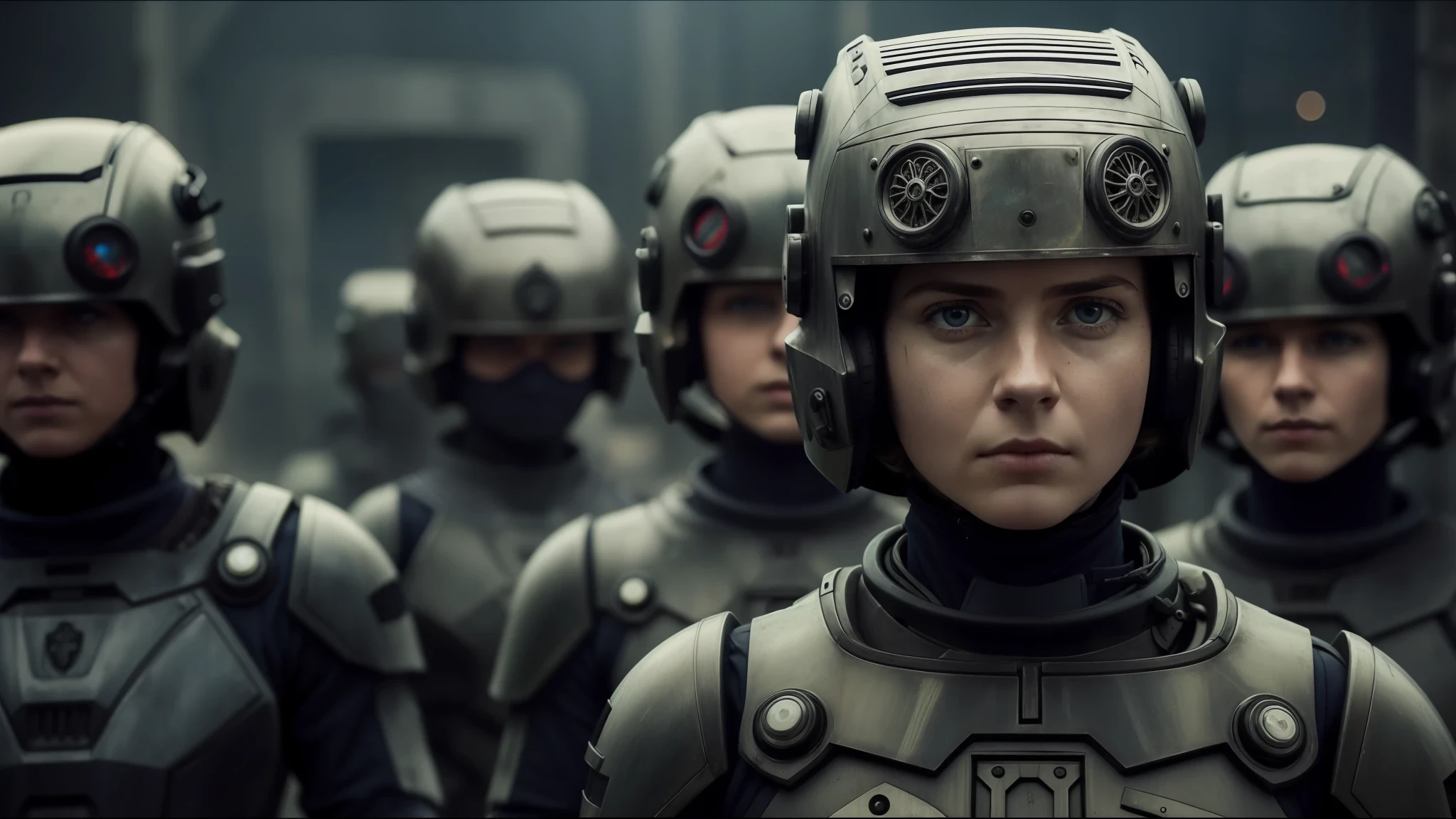 there are many people in futuristic suits with helmets on, style of seb mckinnon, cinematic stillframe, portrait of soldier girl, by Peter Madsen, workers, realistic mechanical details, corrected faces, production photo, by Władysław Podkowiński, matriarchy, zdzidaw