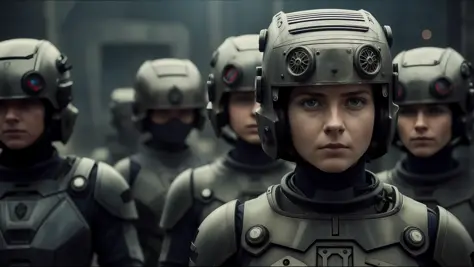 there are many people in futuristic suits with helmets on, style of seb mckinnon, cinematic stillframe, portrait of soldier girl, by Peter Madsen, workers, realistic mechanical details, corrected faces, production photo, by Władysław Podkowiński, matriarch...