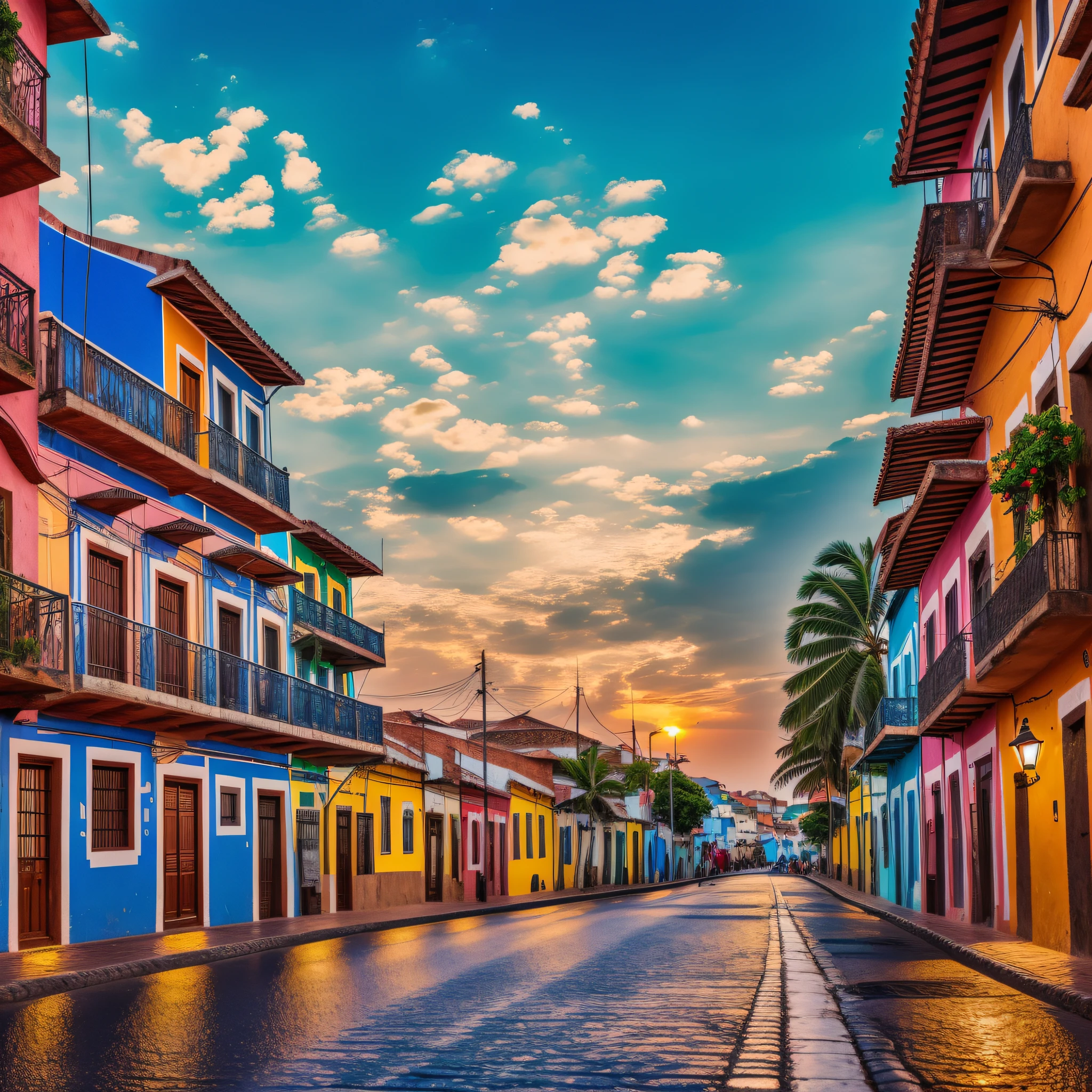 Eine Straße in Salvador in Bahia im Stil von São João mit Flaggen und einigen Passanten im Hintergrund des Bildes, keinen Fokus auf eine Person haben, absolut realistisch, 8k, viele Details, viele Details of São João brasileiro, Realismus, die Nacht, rgb, helle Farben mit Thema, aber dunkel.