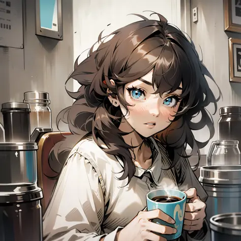 a girl with messy hair holding a cup of coffee