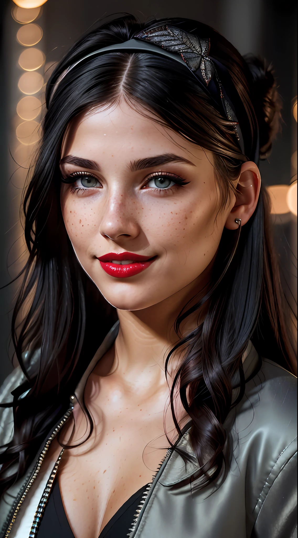 Photo of (sharp focus:1.2), attractive young woman, (beautiful face:1.1), detailed eyes, red lips, (eyeshadow:1.2), (winged eyeliner:1.2), (subtle smile:1.35), body freckles, (medium breasts:1.0), (toned body:1.2), (black hair:1.2), wearing (headband, open jacket:1.2) at (club:1.2). (dreamy lighting:1.2), depth of field, bokeh, 4K, HDR. by (James C. Christensen:1.2|Jeremy Lipking:1.1).