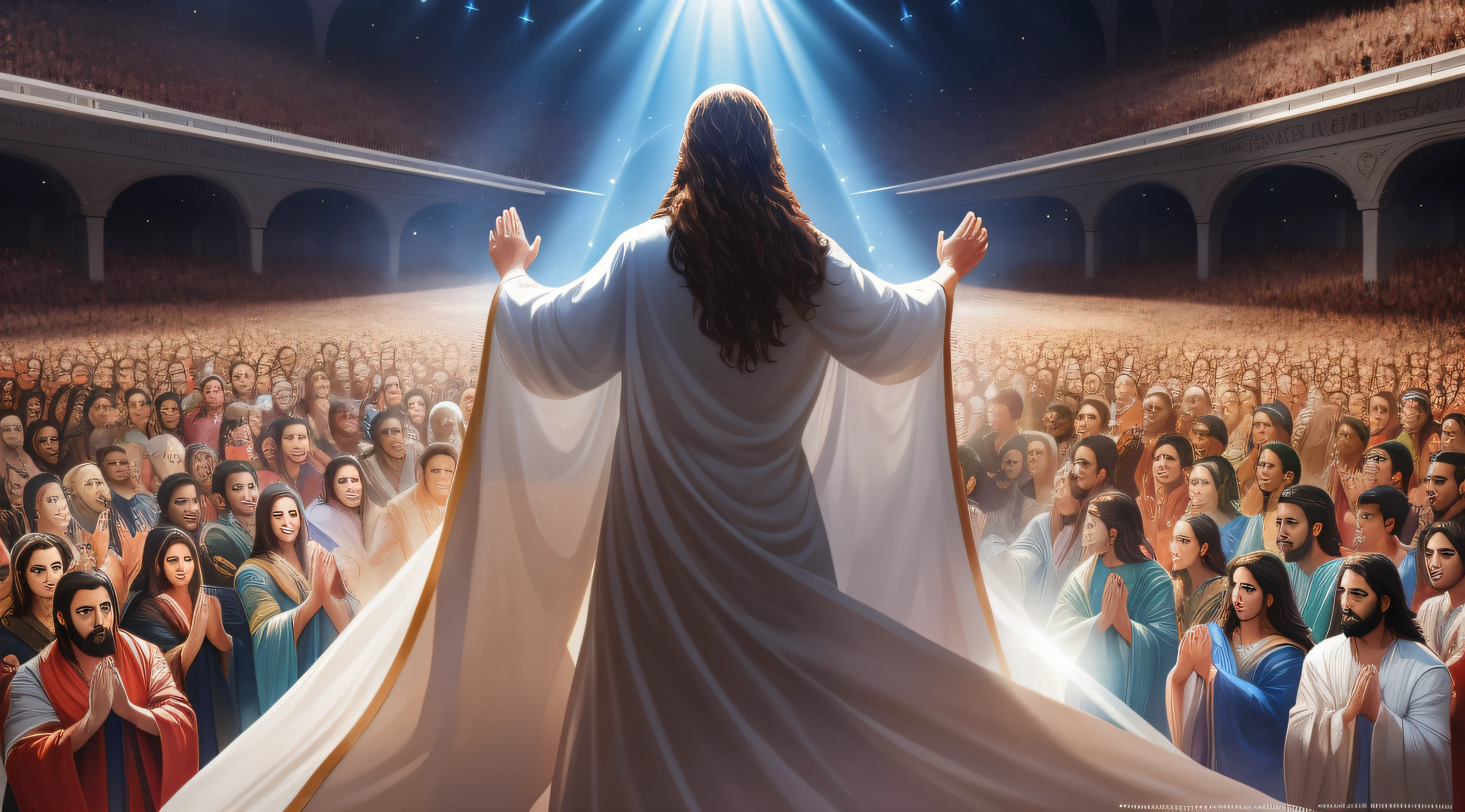 arafed image of jesus standing in front of a crowd of people, jesus christ, second coming, she is arriving heaven, heaven!!!!!!!!, jesus christ in mass effect, the lord and savior, holy sacred light rays, ascension, jesus, holy imagery, religious imagery, beautiful image ever created, young almighty god, many people worshipping, god looking at me