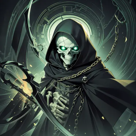 Skeleton in a black hooded overcoat, floating, holding a scythe, green flames coming out of his eyes, chains on his body, (heavenly constructions:1.2), surrealism, colorful dream, [vibrant, vivid colors:1.2], blurred background.