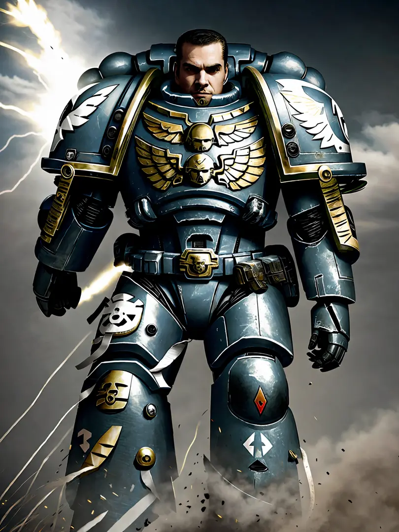 A space marine riding a motorcycle in a war, his noto has thick tires, acor of the armor of the space marine is white, with a symbol of a lightning bolt on the shoulder pads