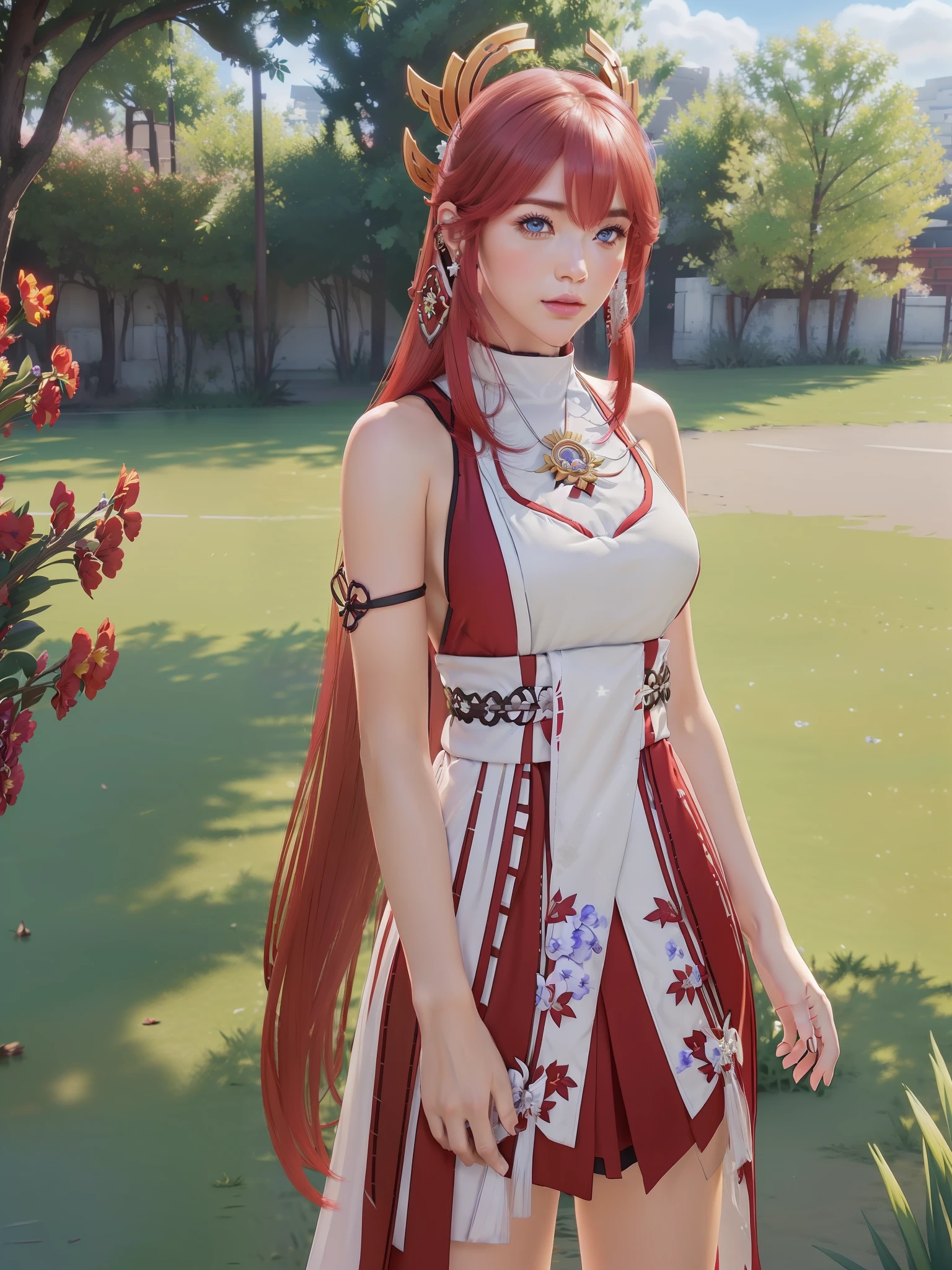 (Yae miko from Genshin Impact:1.5), (Yae miko red and white clothes from Genshin Impact:1.5), closed mouth, sash, serious, solo, (masterpiece, best quality, extremely detailed 8k, ultra hd, ultra-detailed, highly detailed, highly realistic, photo realistic:1.3), (1girl:1.5), (beautiful realistic face, high detailed realistic face:1.3), (high detailed realistic natural red hair, beautiful realistic hairstyle:1.3), (beautiful realistic eyes, high detailed realistic blue eyes, proportional eyes, realistic pupils, high detailed pupils:1.3), (high detailed realistic natural eyebrows), (high detailed realistic lips, beautiful realistic lips, pink lipsticks:1.3), (thick breasts, high proportional realistic breasts, realistic big breasts:1.4), (upper body from head to thighs, slender body:1.5), (clarity:1.1), highly detailed realistic skin, sharp focus, (no bra:1.5), lingerie, thick thighs, outdoor, (RAW, analogue, Nikon Z 14mm ultra-wide angle lens, award-winning glamour photograph, subsurface scattering, radiant light rays, high-res, detailed facial features, smooth, aesthetic, extremely detailed, (extremely detailed eyes, extremely detailed iris, extremely detailed pupils), extremely detailed hair, extremely detailed skin, extremely detailed clothes, octane render, photorealistic, realistic, post-processing, max detail, realistic shadows, roughness, natural skin texture, real life, ultra-realistic, photorealism, photography, 8k UHD, photography, hdr, elegant, stunning, beautiful, gorgeous), illustration, stencil, [(colorful explosion psychedelic paint colors:1.21)::0.2], colorful, blowout hair, (secret:0.9),