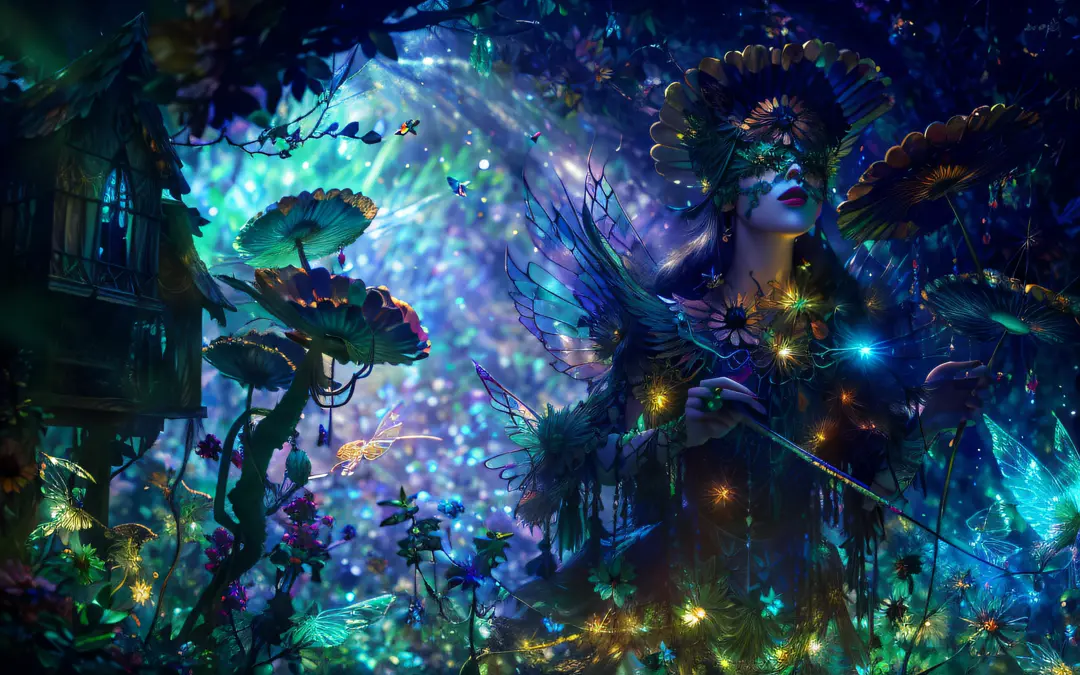 masterpiece, 1fairy, a flying female fairy, perfect face, light, glass tree forest, dramatic lighing, blindfold, ultra detailed,...