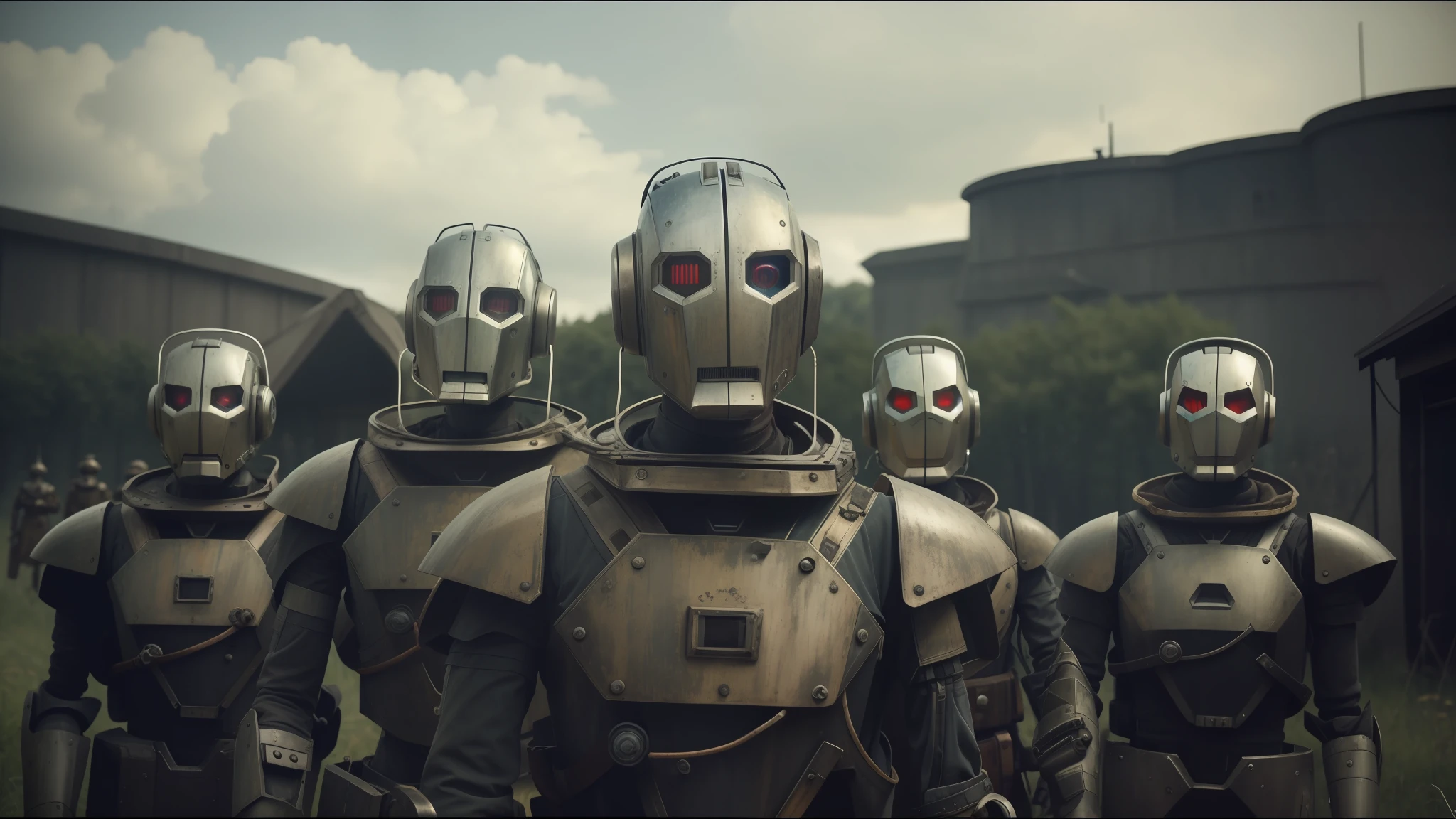 there are two robots that are standing next to each other, by emmanuel lubezki, dieselpunk style, featured on vimeo, а fantasy proto-slavic mythology, steam punk party, war boys, forest punk, high collar, by Matt Stewart, cory behance hd, by David Firth, —n 9, high resolution film still, heilung