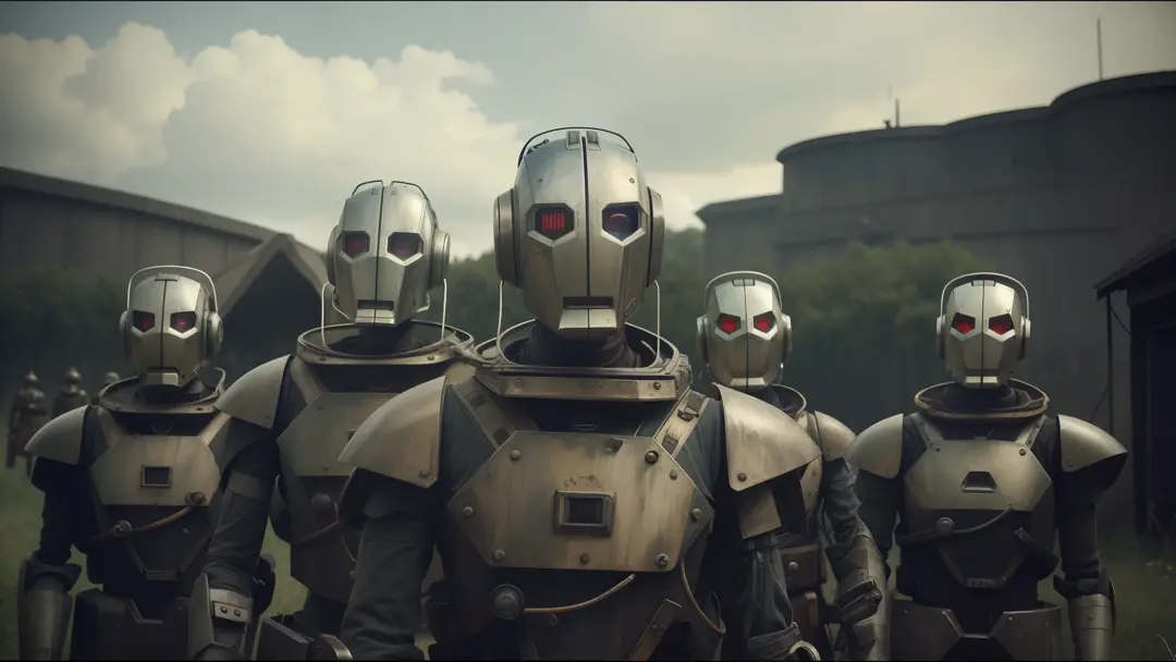 there are two robots that are standing next to each other, by emmanuel lubezki, dieselpunk style, featured on vimeo, а fantasy p...