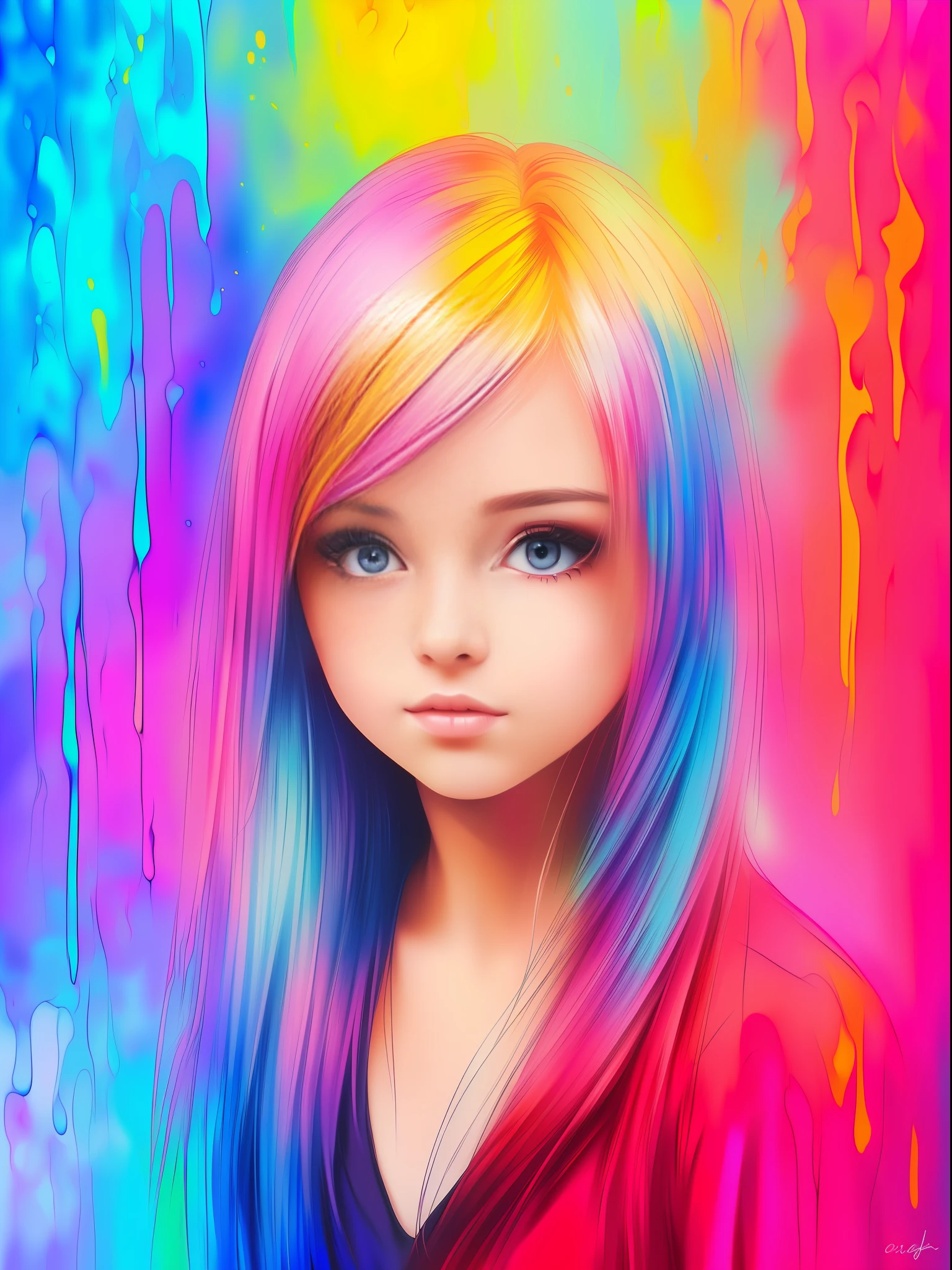 Beautiful girl with colorful background and ultra realistic picture,pastel colors, paint drips, autumn lights,