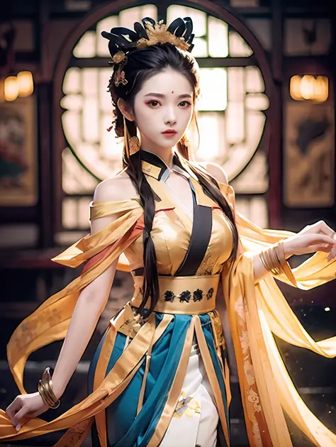 Girl, yellow Hanfu, transparent, long hair shawl, sexy, off-the-shoulder, no headdress, picture quality 8k,