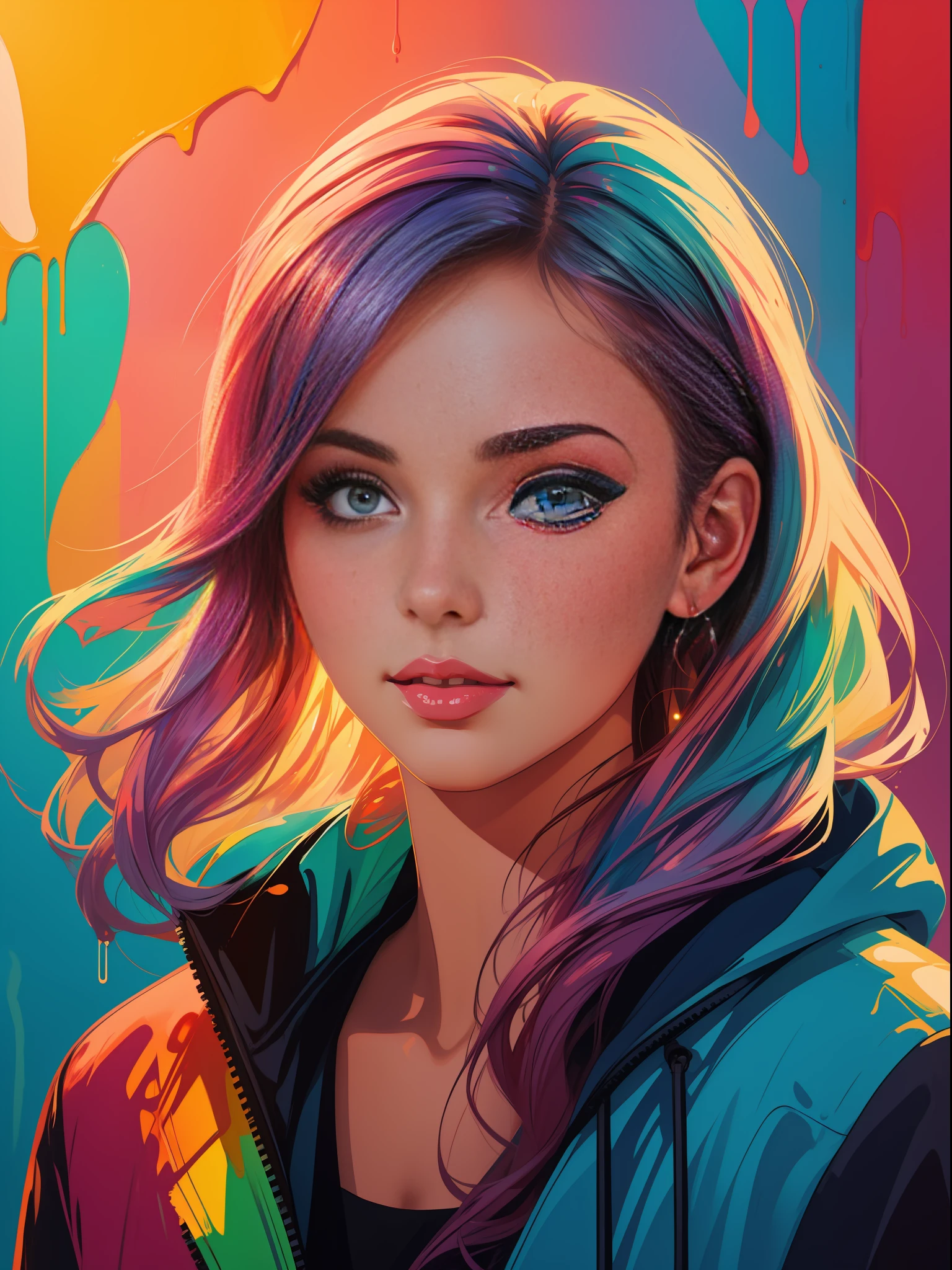 1 mujer hermosa con fondo colorido e imagen ultra realista,colores pasteles,diseñador brillante,gotas de pintura, luces de otoño, retrato de medio cuerpo,