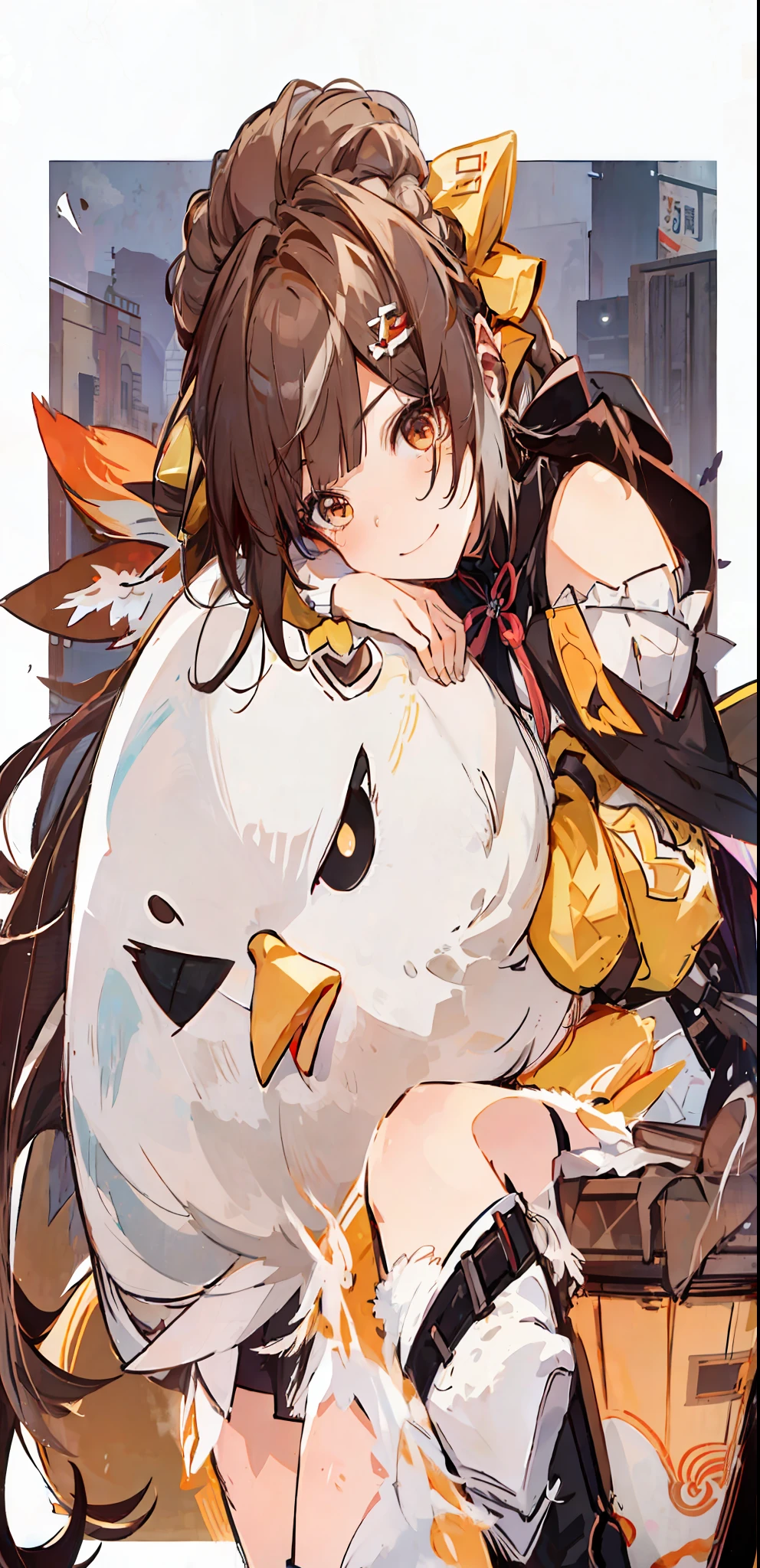 SushangV4, hugging a giant chicken plush, looking at viewer, smiling, pigtail, hair ornament, high-quality fanart, bare shoulders, Chinese clothes, long barrel boots, disheveled hair.