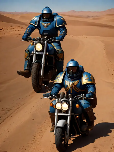 A space marine soldier riding a motorcycle, he rides on a road in the desert, realistic, cinematc