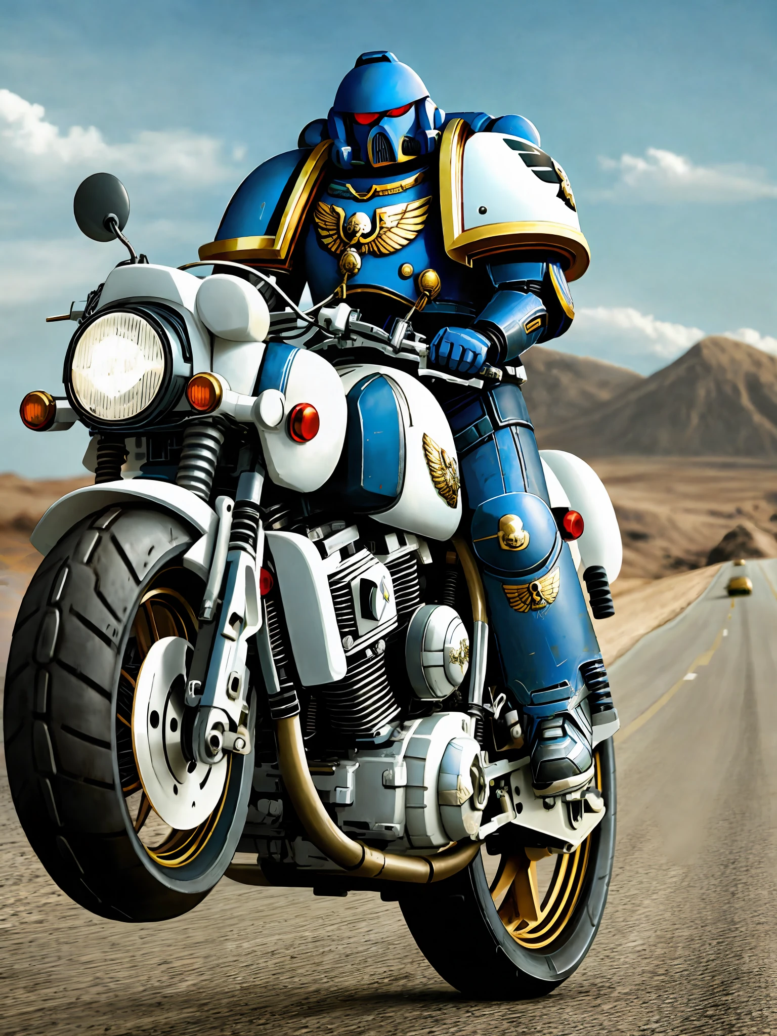 Ein Space Marine auf einem Motorrad auf einer verlassenen Straße, sein weißes Motorrad, super realistisch, Kino, 16k. Es ist nur ein Space Marine