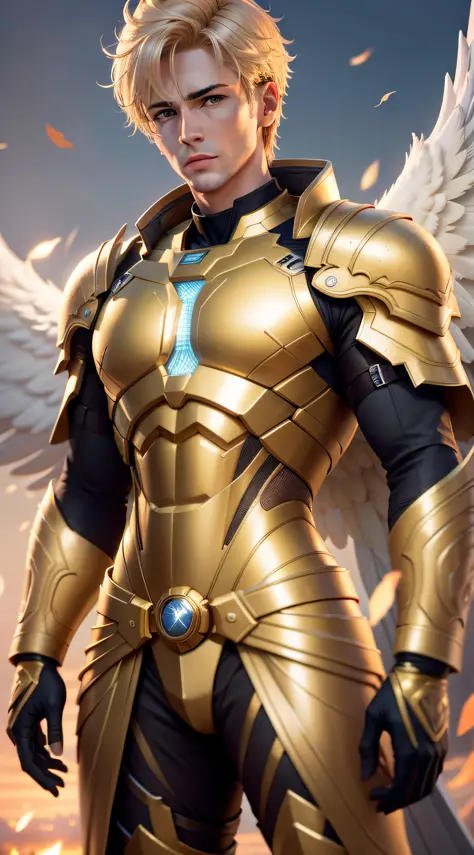 Create a male guardian angel, not blonde, super detail-oriented, realistic, cinematic style, 8k resolution, best quality, epic, golden hour