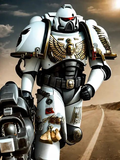 A space marine riding a motorcycle on a deserted road, his white motorcycle, super realistic, cinematc, 16k. It's just a Space marine