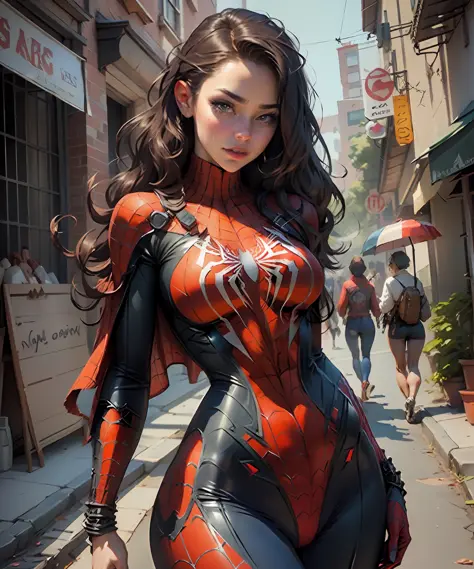 Beautiful woman detailed the outlined body with Spider-Man cosplay, very large breasts