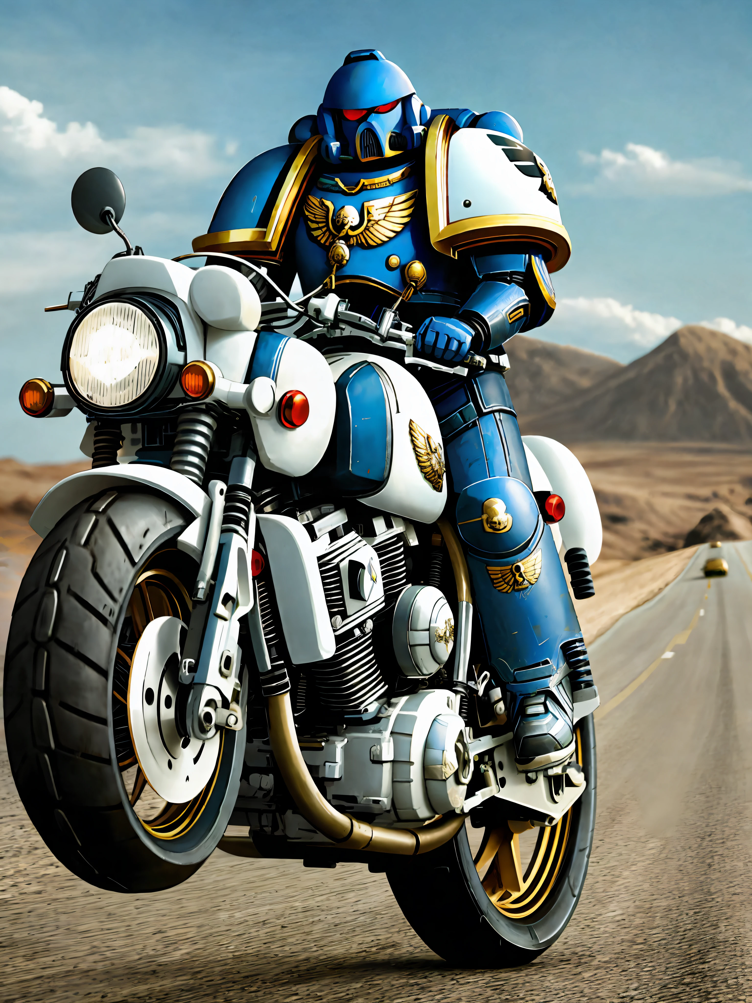 Ein Space Marine auf einem Motorrad auf einer verlassenen Straße, sein weißes Motorrad, super realistisch, Kino, 16k. Es ist nur ein Space Marine