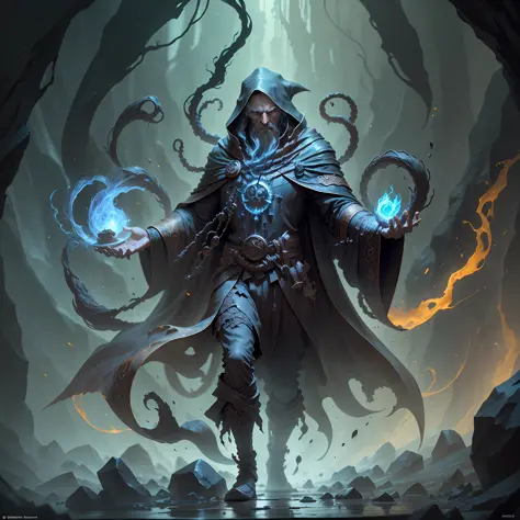 The wizard with his black robe floats in the air, his athletic body revealed by the loose garment, his serious face shows an expression of power, while his hands emanate a mysterious energy. He is inside a dark cave, lit only by a faint fire. The rocky flo...