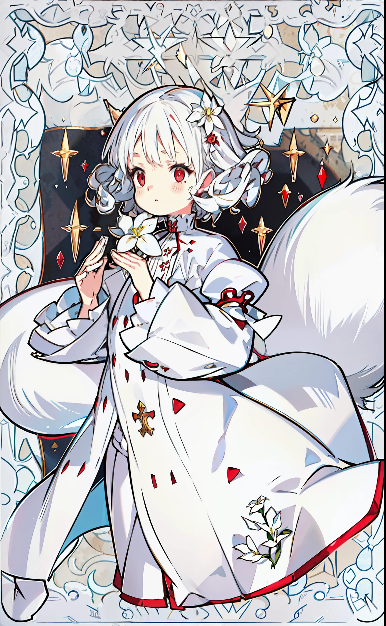 White hair, red pupils, short hair, curly hair, hairpins, white clothing, Victorian style, British background, cute and lively, cat-like pupils, ghost, itself is a ghost, clothes cover the feet, flower decoration, delicate eyes, tear moles, full body drawing, character map, setting map, standing image, rich background, loli, sister