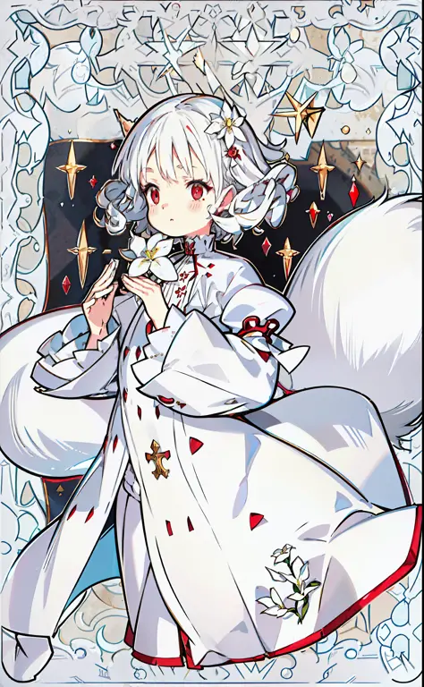 White hair, red pupils, short hair, curly hair, hairpins, white clothing, Victorian style, British background, cute and lively, ...