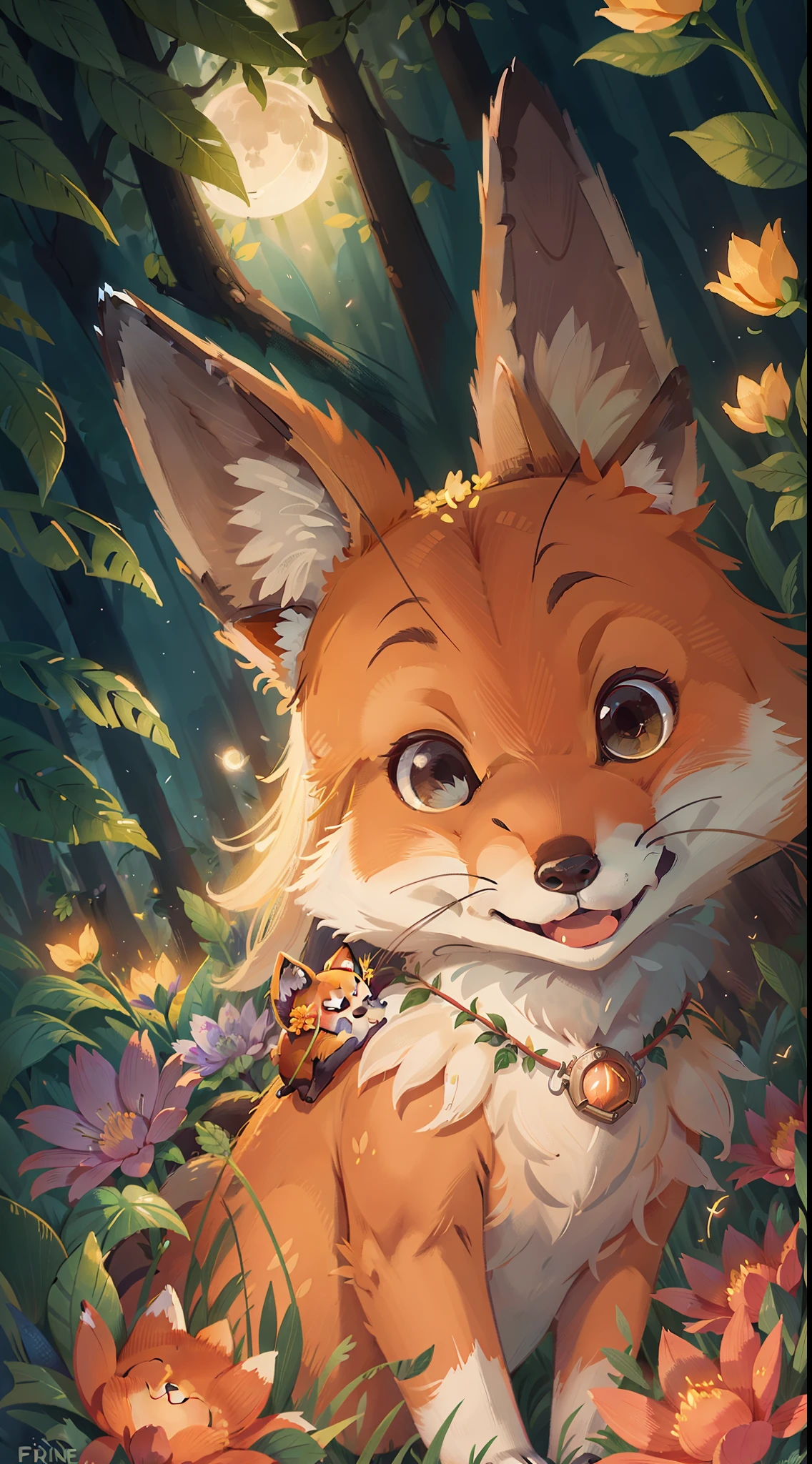 Uma raposa sorridente, no meio das flores a noite iluminada pelos vaga-lumes e pela luz da lua.