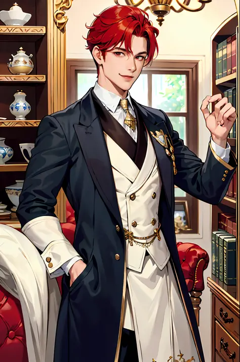 This is what a real duke looks like! Duke's antique clothes, elegant, gentlemanly. He is smiling friendly, his red hair is vivid, his red eyes shine against his perfect skin. In the background, a well-stocked library with books that fill the shelves. All t...