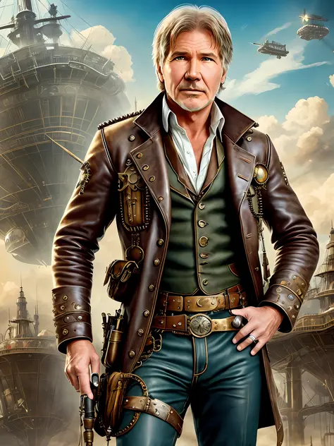 Masterpiece Photography Ultra Realistic Description: Harrison Ford, the iconic actor with a rugged charm, takes on an unexpected look in this hyper-realistic 4K photograph. He breaks conventions by wearing a steampunk-inspired ensemble, complete with a lea...