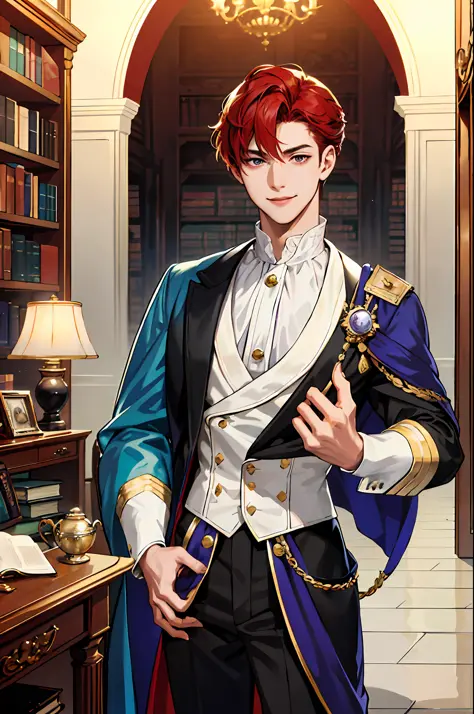 This is what a real duke looks like! Duke's antique clothes, elegant, gentlemanly. He is smiling friendly, his red hair is vivid, his red eyes shine against his perfect skin. In the background, a well-stocked library with books that fill the shelves. All t...