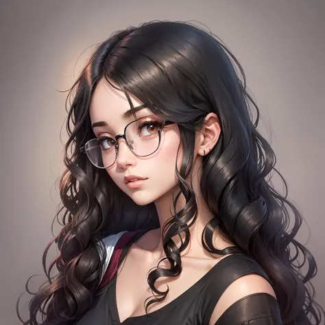 there is a young woman with glasses and a black shirt, long wavy black hair and glasses, with long curly hair, no makeup wavy hair, with long hair, frontal image, long curly black hair, 2 3 years old, long curly black hair, with long curly, wavy black hair...