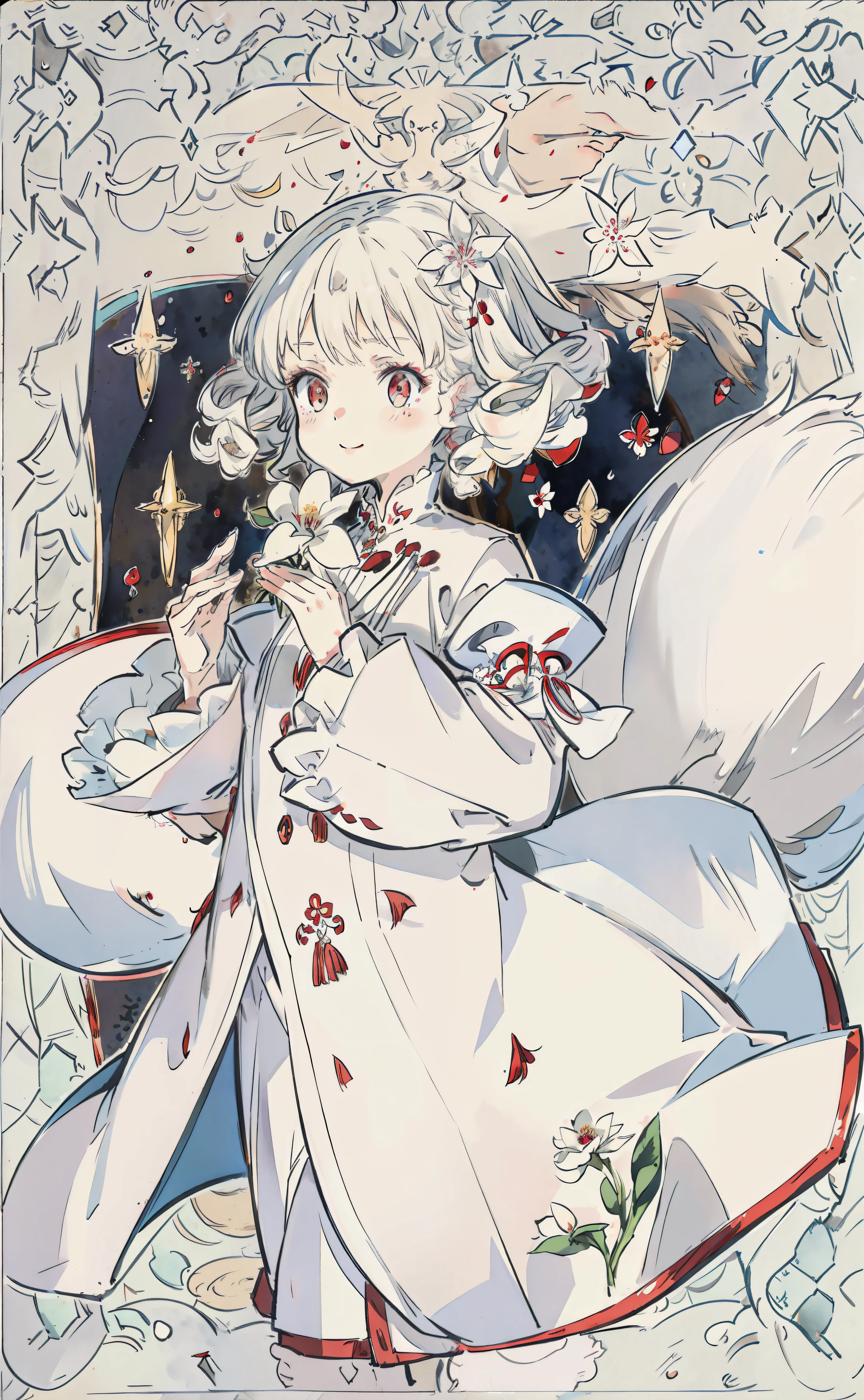 White hair, red pupils, short hair, curly hair, hairpins, white clothing, Victorian style, British background, cute and lively, cat-like pupils, ghost surrounding, itself is a ghost, clothes cover the feet, flower decoration, delicate eyes, tear moles, full body drawing, character drawing, setting map, standing image, rich background, loli, sister, smile, beautiful, fantastical, mysterious