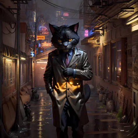 ((furry, anthropomorphic cat, best quality: 1.2)), anthropomorphic cat face, ((furry)), (soft colors: 1.2, dark studio, rim lighting, two-tone lighting, dim light, low tone, ), ((heavy rain weather)), long leather raincoat, a poster for a \(style\) of the ...