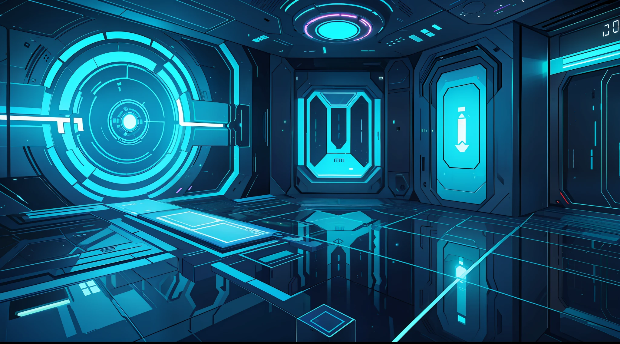 A futuristic technological room The room is empty and is full of futuristic systems and codes on the walls is a room of a simulator that teleports people