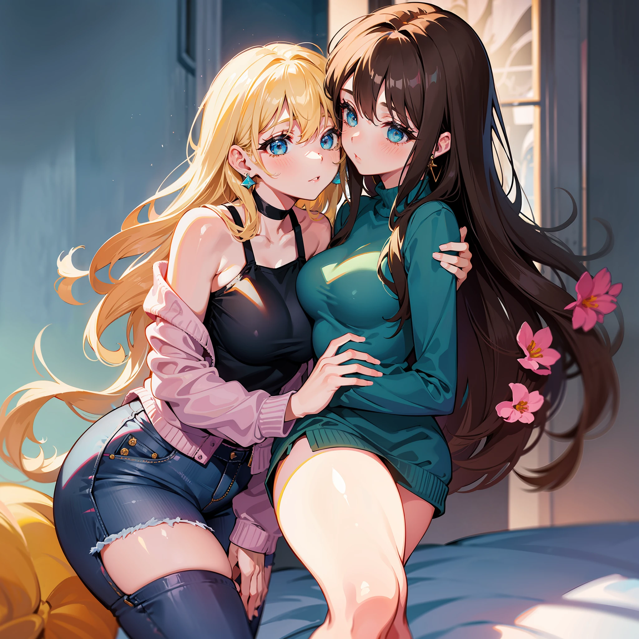 Anime girl hugging another girl on a bed with flowers in her hair - SeaArt  AI