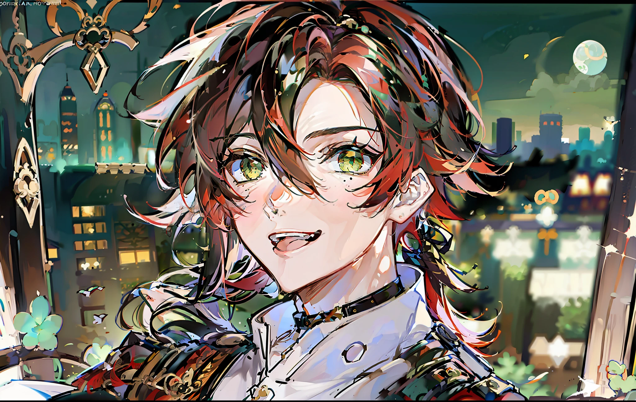 ((highest quality, masterpiece, 4k, finely detailed, detailed eyes, detailed face, intricate details)), ((solo)), 1boy, male, Shikanoin Heizou (Genshin_Impact), masculine, handsome, adult man, guy, skinny, lanky, red hair, green eye color, looking at viewer, smirking, arms crossed, edge colors, colorful bursts, night city rooftop