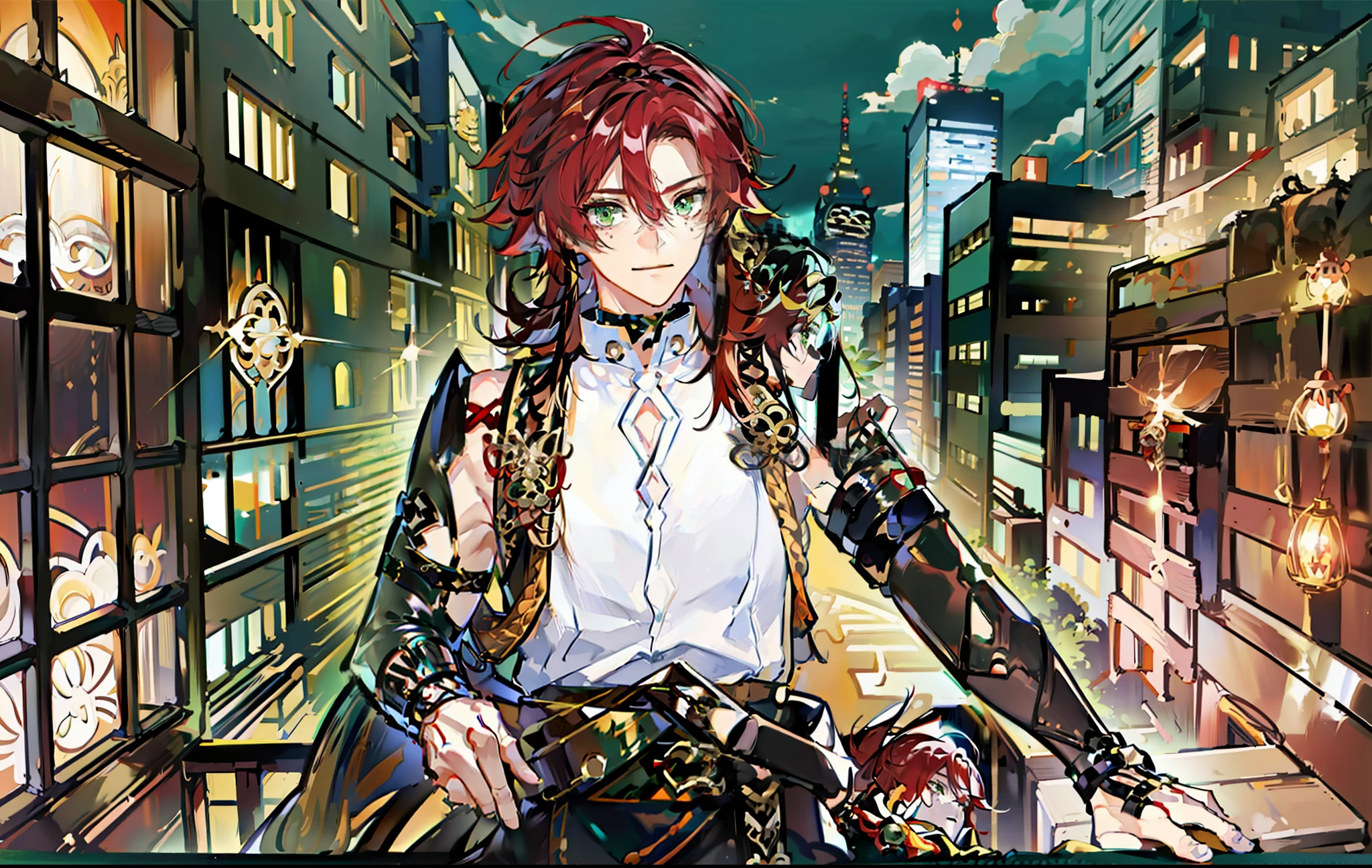 ((highest quality, masterpiece, 4k, finely detailed, detailed eyes, detailed face, intricate details)), ((solo)), 1boy, male, Shikanoin Heizou (Genshin_Impact), masculine, handsome, adult man, guy, skinny, lanky, red hair, green eye color, looking at viewer, smirking, arms crossed, edge colors, colorful bursts, night city rooftop