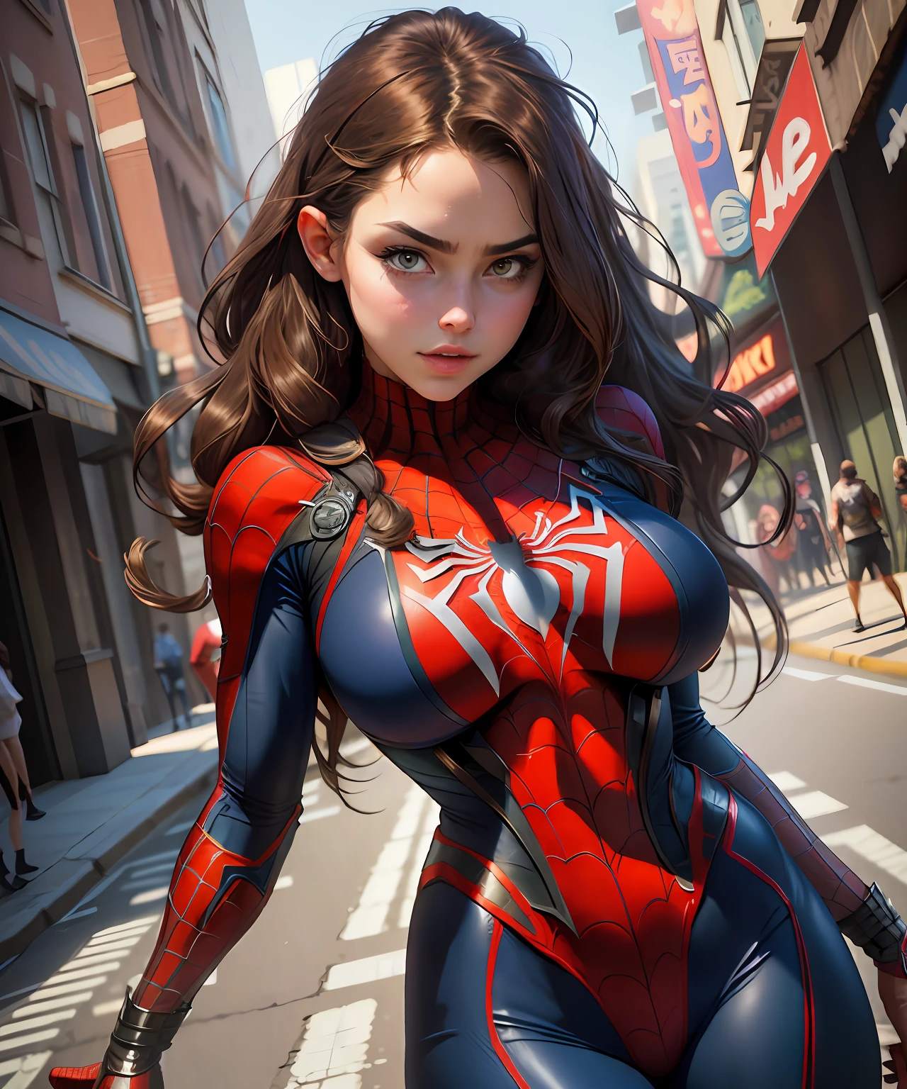 Raw foto,Beautiful woman ,detailed the outlined body with Spider-Man cosplay, very large breasts, big