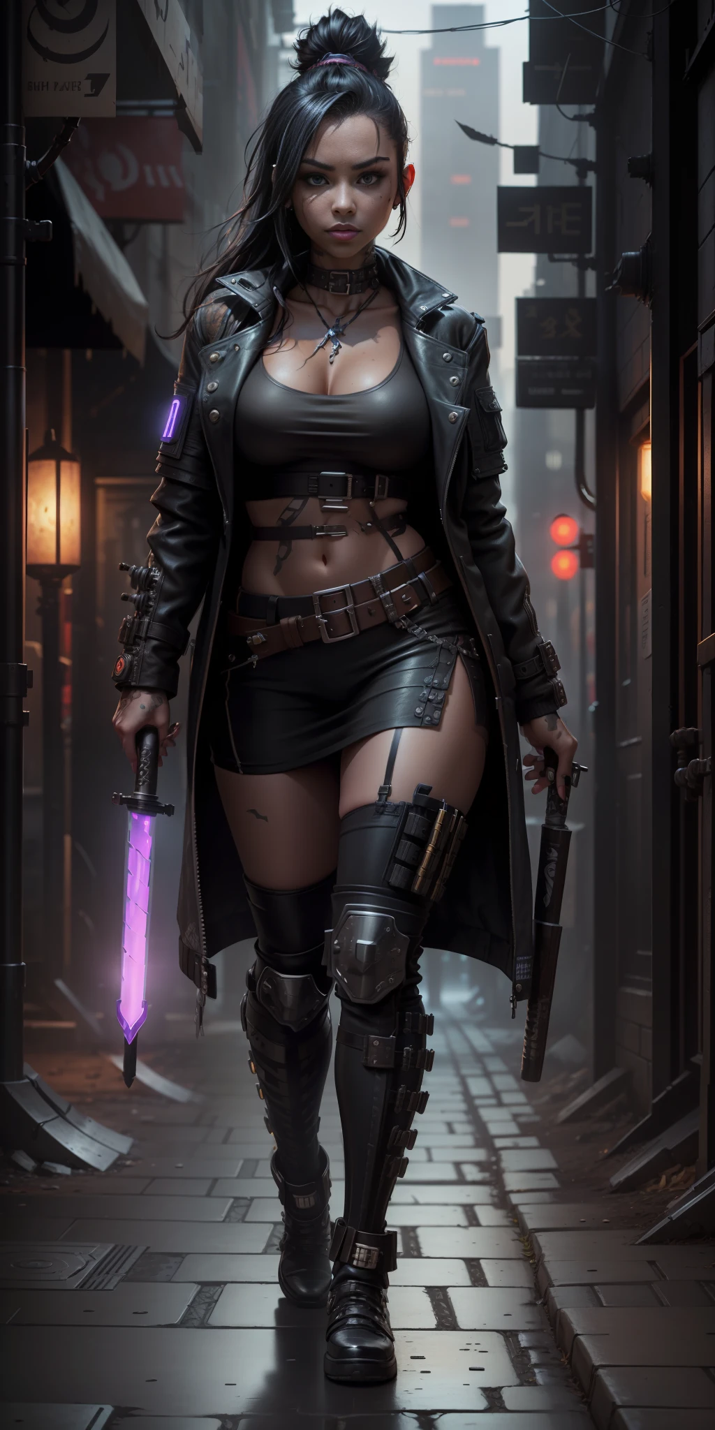 "Complete artwork masterpiece, high quality, ultra detailed in 4k, 8k, high resolution, hyper-realistic photo, hyper-detailed, realistic skin texture, amazing shadows, highly detailed background, extremely detailed texture, perfect lighting, high-level image quality. ((A female street samurai from a cyberpunk future, black jacket, shadowrun-inspired, black skin, full-body photo, long black hair, brown eyes, defined face, big breasts)), walking through a torch-lit dungeon